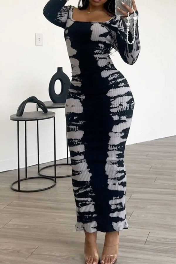 Abstract Print Flattering Ribbed Bodycon Midi Dress