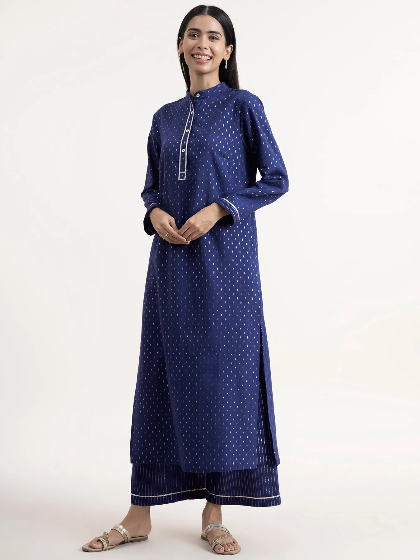 Cotton Lurex Kurta Set - Blue