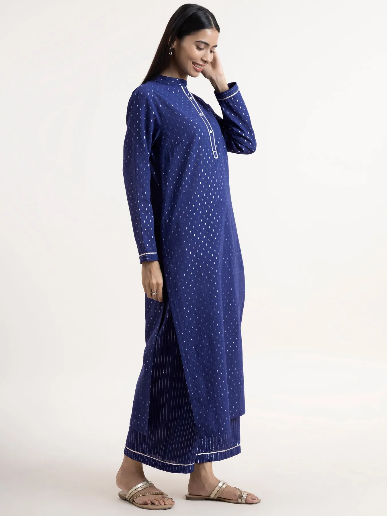 Cotton Lurex Kurta Set - Blue
