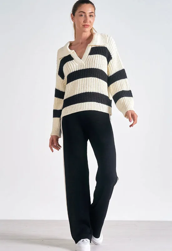 Elan - V-Neck Collared Sweater Black White Stripe