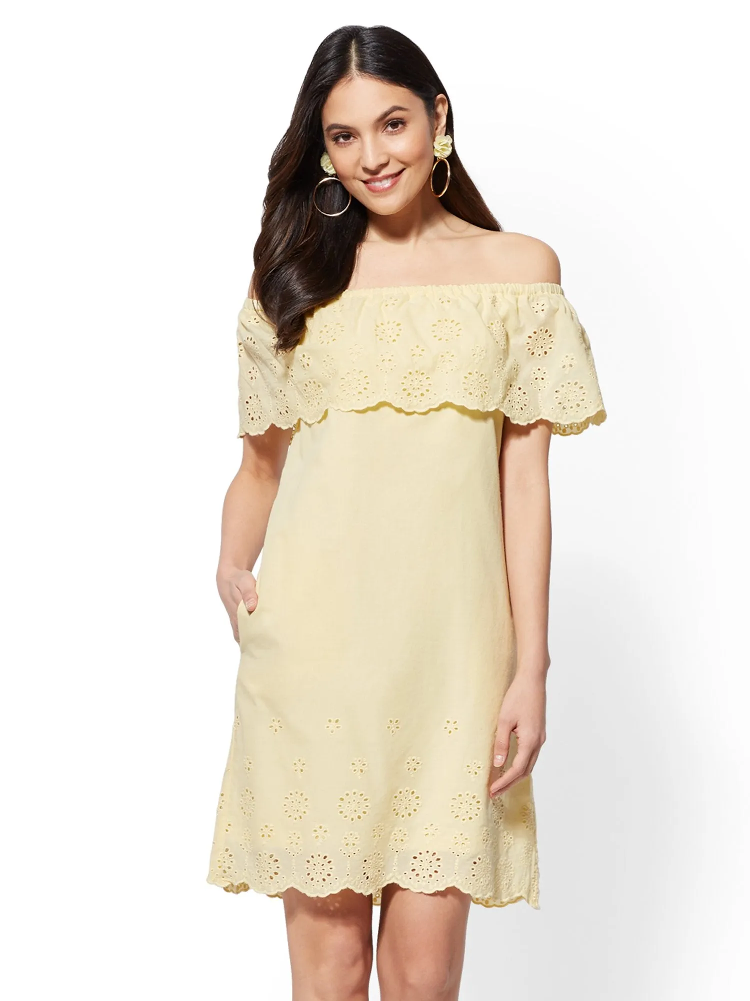 Eyelet-Trim Off-The-Shoulder Shift Dress