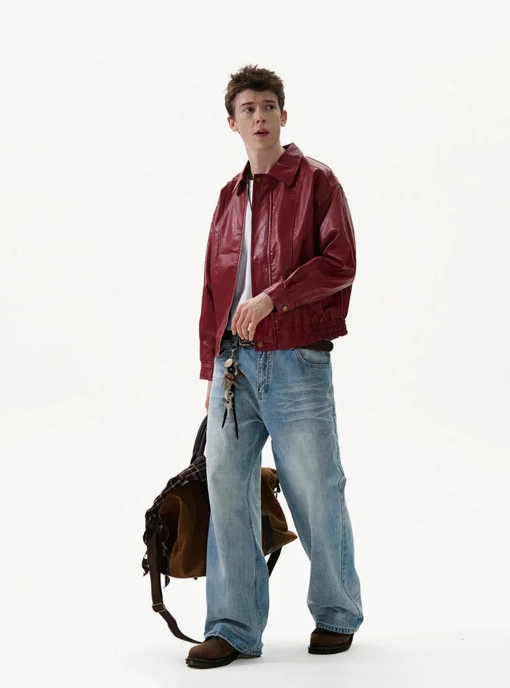 Mid-Crop Faux Leather Collared Bomber Jacket