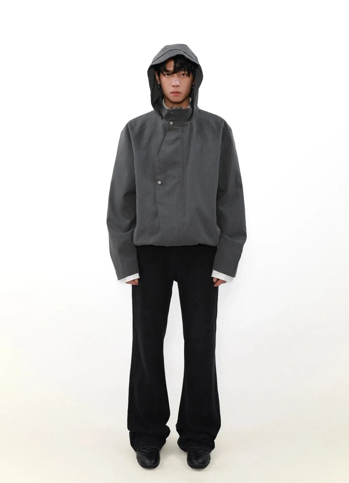 Pinstripe Hooded Zip Jacket with Snap Button Closure