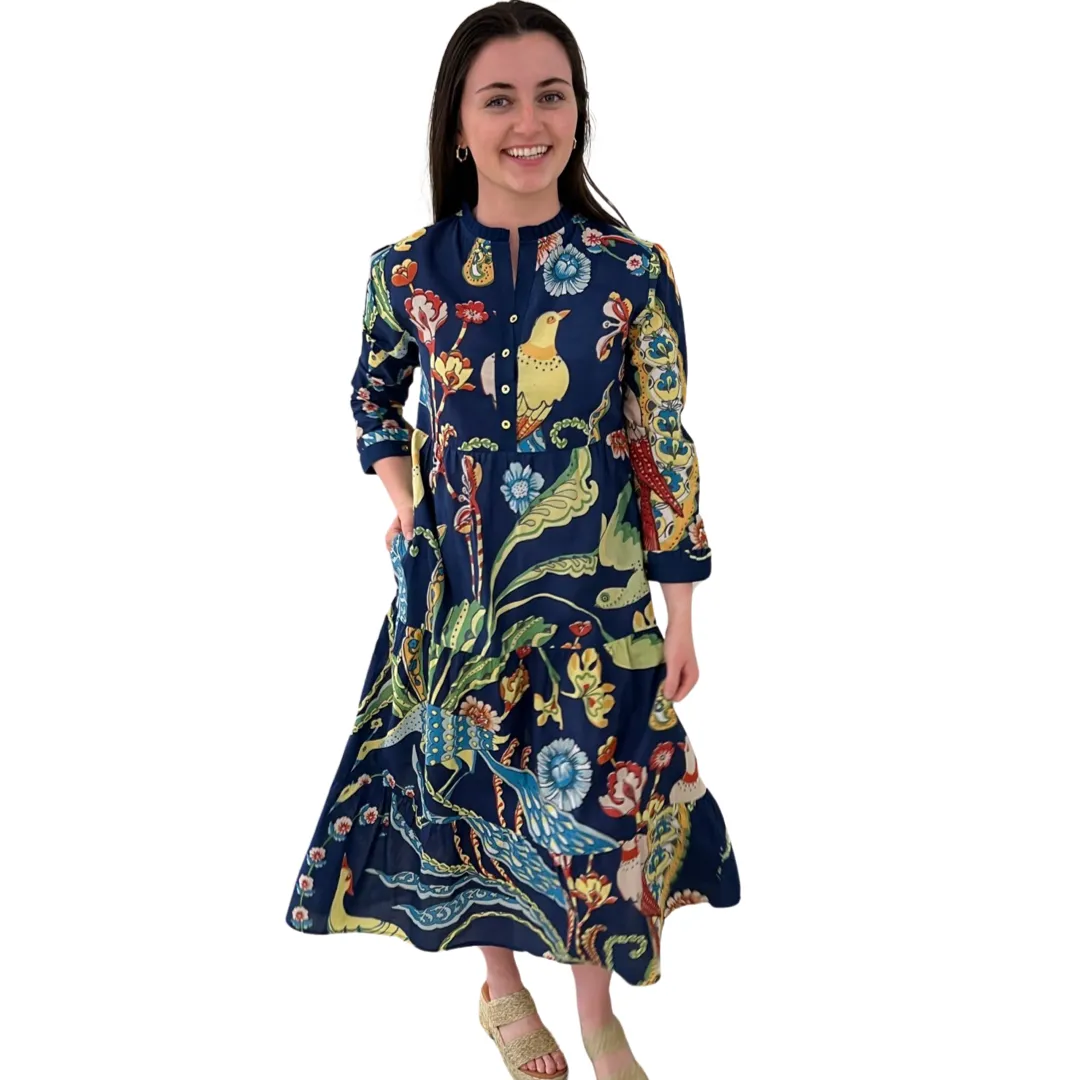 The Penny Navy Bird Print Dress in Blue Bird Floral